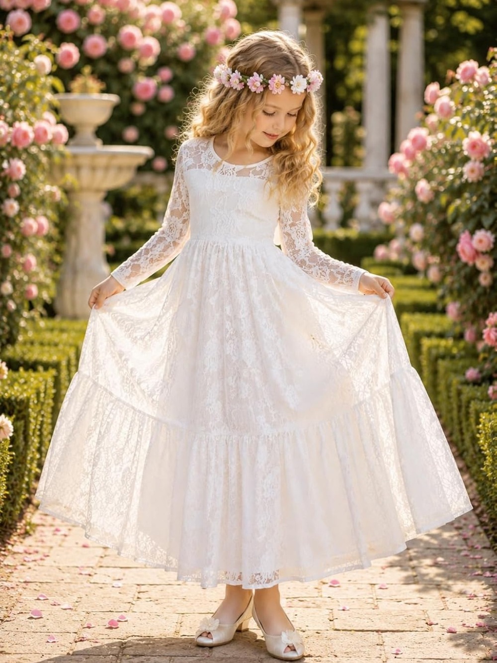 Size 6/7 like new Girls White Lace Maxi Dress & flower headband